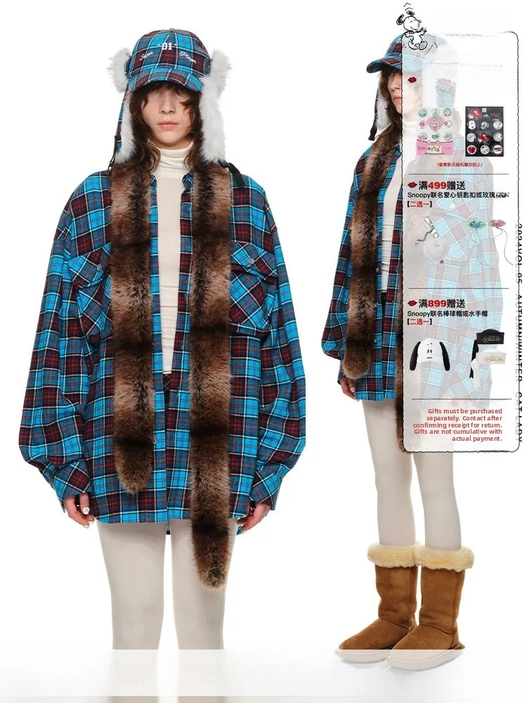 

1JINN STUDIO Women's Loose Long Sleeve Plaid Shirt Fleece Finish Casual Style Cotton Blend Fabric Resistant to Deformation