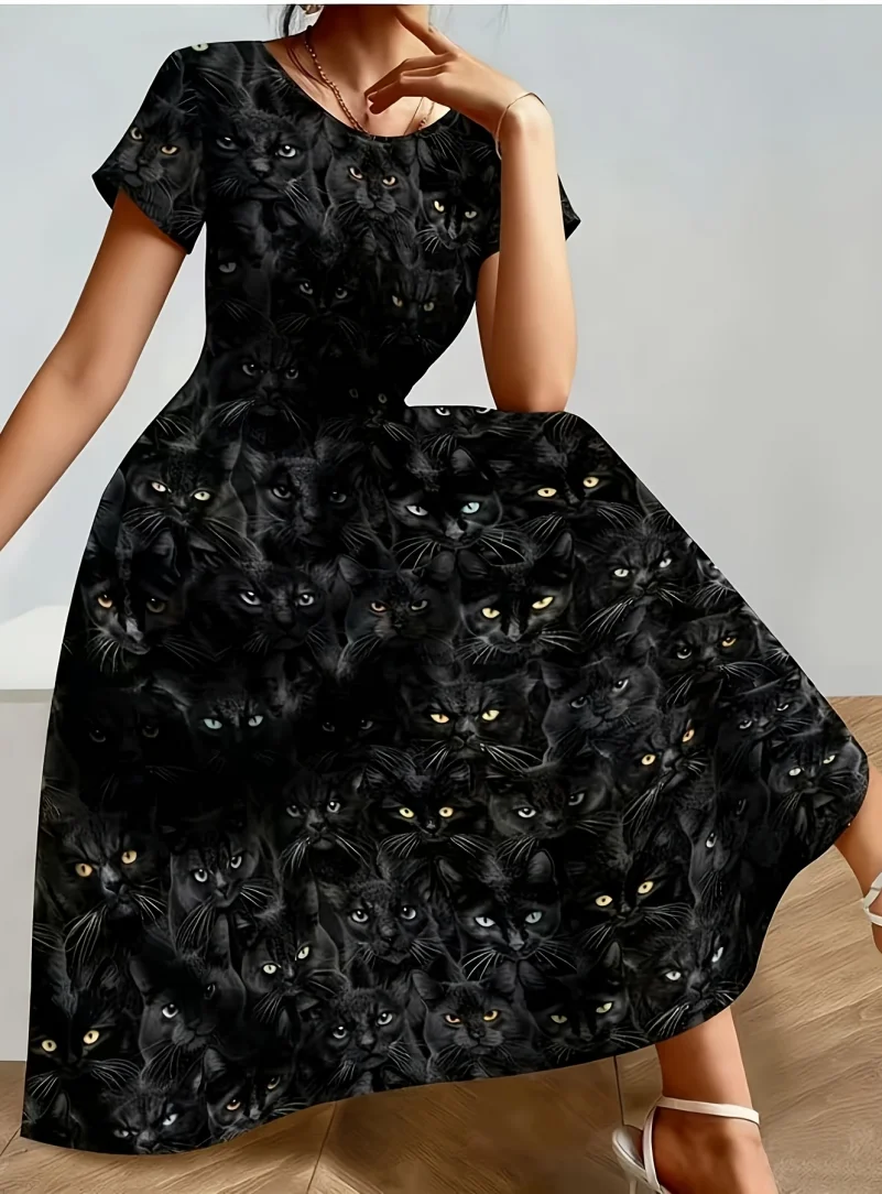 Spring, Summer, and Autumn Women's Slimming Black Cat Print Dress, Plus-Size Short-Sleeve Waist-Cinching Flared Dress