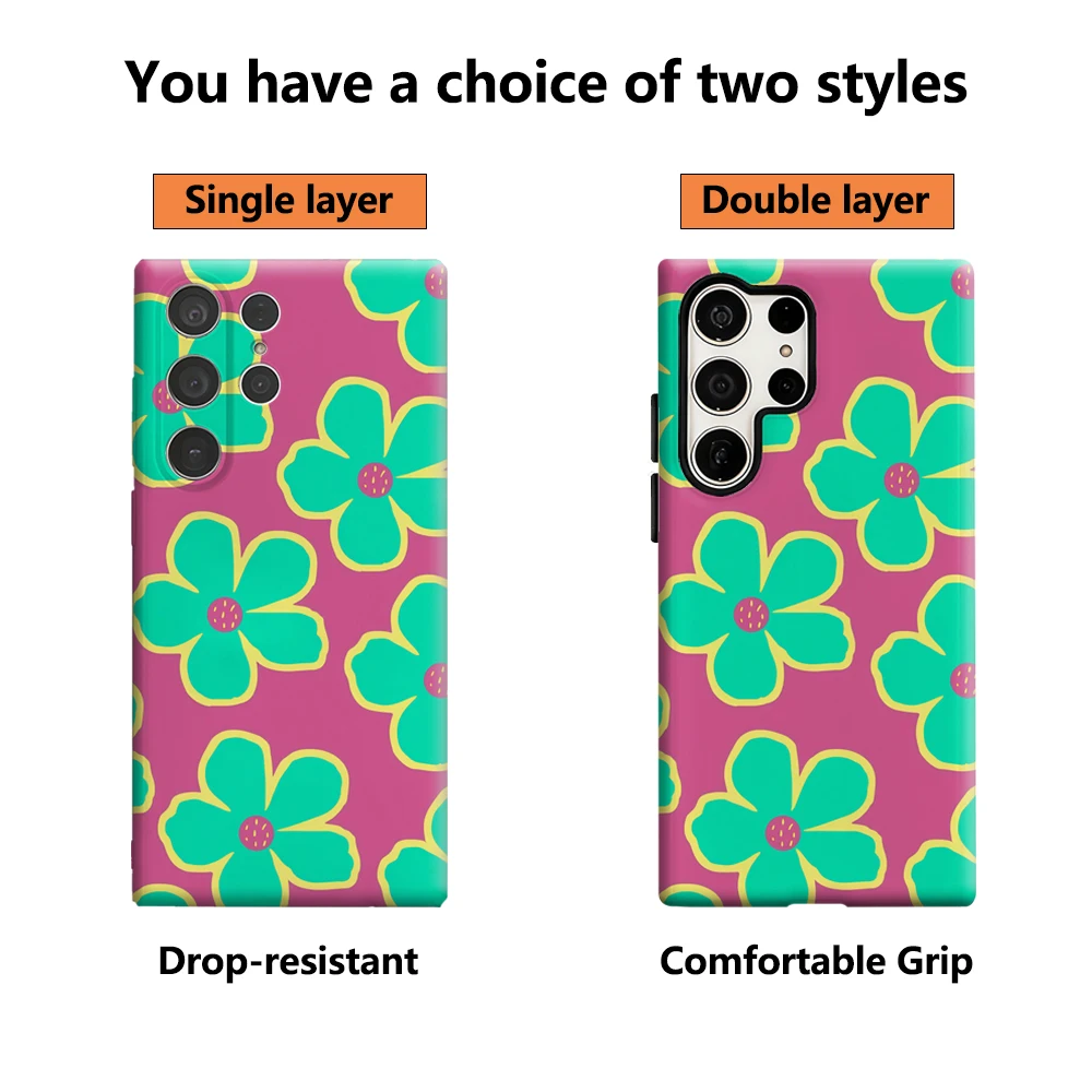 Retro Floral Pop Handyhülle für Samsung Galaxy S25 Ultra S24 S23 Ultra Plus, glänzende doppellagige Rückseite