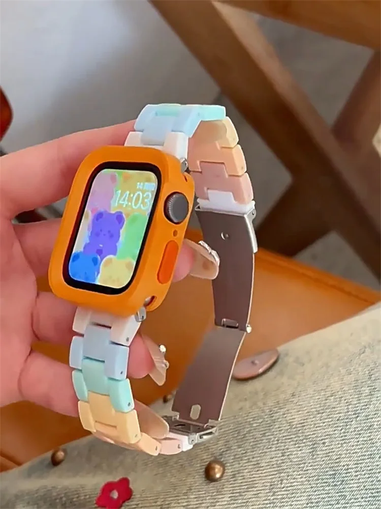 สายรัด Ultra2สีลูกกวาดน่ารักเกาหลี + สายรัดเคสสำหรับ Apple Watch 49 45 44มม. 41 40 Correa ผู้ชายผู้หญิงสำหรับนาฬิกาซีรีส์9 8 7 SE