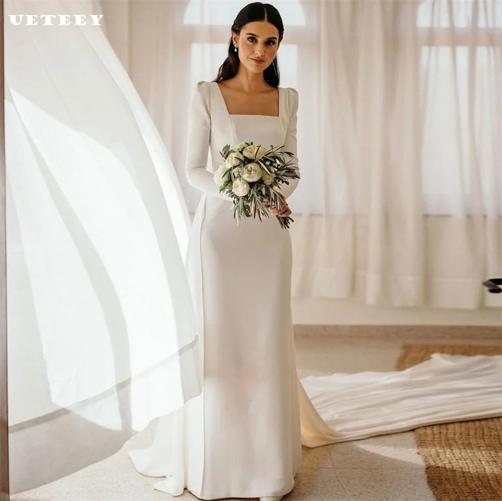

UETEEY Customized Square Neck Long Puff Sleeves Crepe Sheath Wedding Dress Open Back Pleats Floor Length vestidos de novia