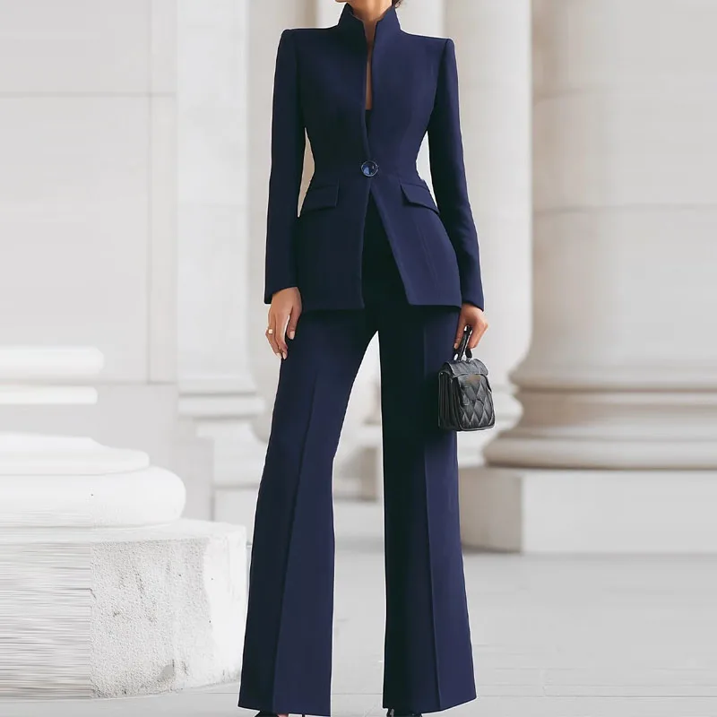 Mode Stehen Kragen Mantel Einfache Anzüge Casual Langarm Büro Lange Hosen Sets 2025 Elegante Pendeln Solide Schlank 2 Stück Outfits