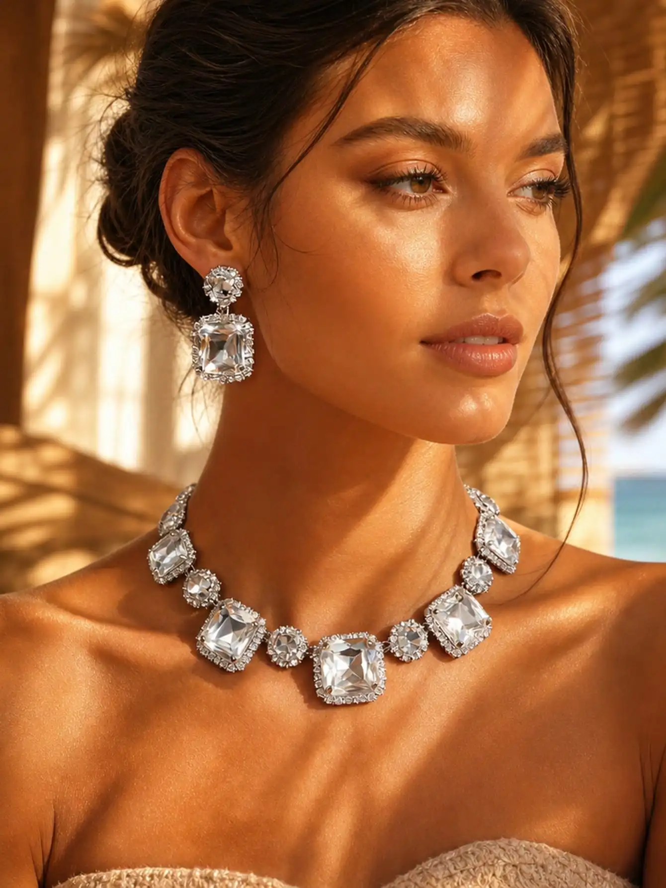 Quadratischer, klarer Strass-Halsketten- und Ohrhänger-Set, luxuriöses Kristall-Brautschmuck-Set für Hochzeit, Abendparty und Abschlussball – Detail 5
