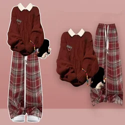 Women Autumn Winter Lucky Red Sweater Shirts Plaid Wide Leg Pants Sets Lady Casual Loose Knit Pullover Blouse Trousers Outfits