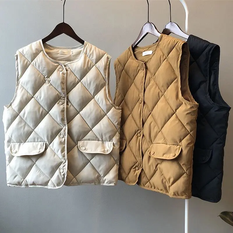 Nieuwe Winter Gilet O-hals Dames Korte Vest Jas Zakken Casual Mode Dames Mouwloos Jasje Effen Vest Voor Dames