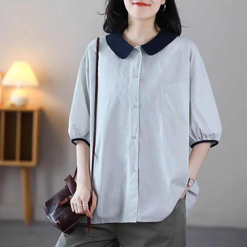 Losse Dames Shirt Koreaanse Stijl Zomer Casual Peter Pan Kraag All-Match Halve Mouw Eenvoudige Single-Breasted Office Lady Blouse