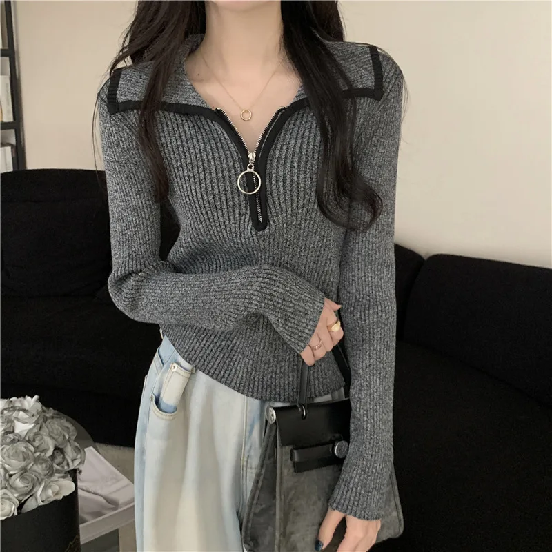 

High-end Contrasting Color Half-zipper Lapel Sweater Women's Spring and Autumn New Inner Layer Slim Slimming Knitwear Top