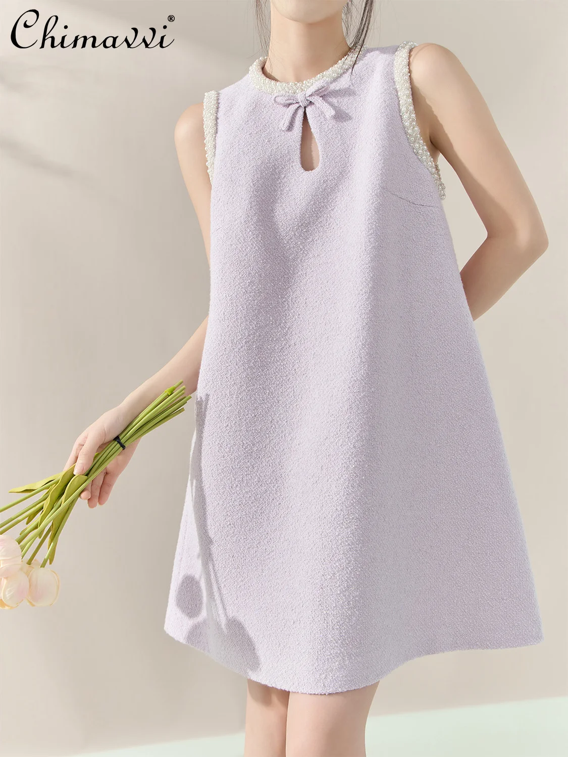 

French Elegant Celebrity Heavy Industry Beaded Crew Neck Sleeveless High Waist Slim A-line Sweet Birthday Party Mini Dress Women