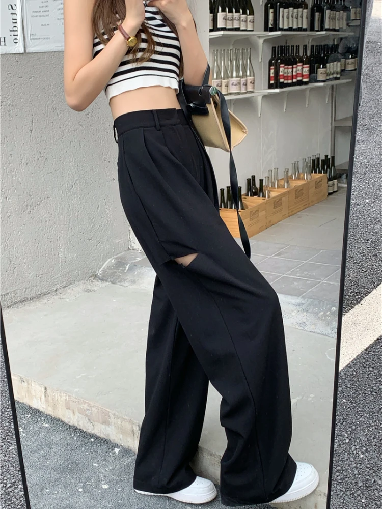 Pantalones informales de pierna ancha para mujer, pantalones con agujeros, cintura alta, estética, holgados, combinan con todo, diseño de verano, Retro, Chic, Ulzzang, nuevo