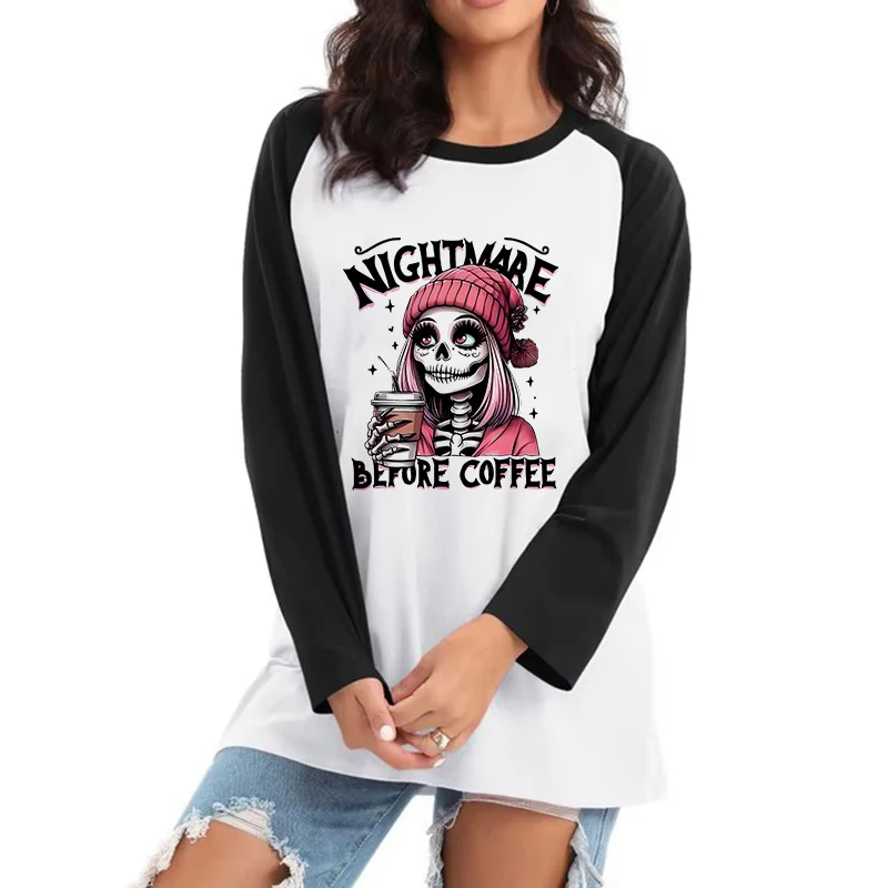 

Всесезонная футболка с длинным рукавом Y2k, одежда, женская футболка 90-х годов со скелетом на Хэллоуин, футболка с надписью «Кошмар перед кофе» и графикой