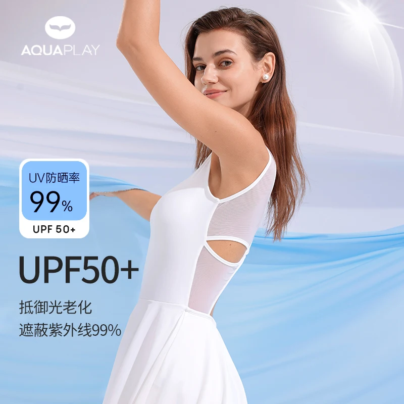 

AquaPlay White Swan Sleeveless Ballet Style Women One Piece Swimsuit UPF50+ Beach Rash Guard Fashion High End Open Back Swimsuit