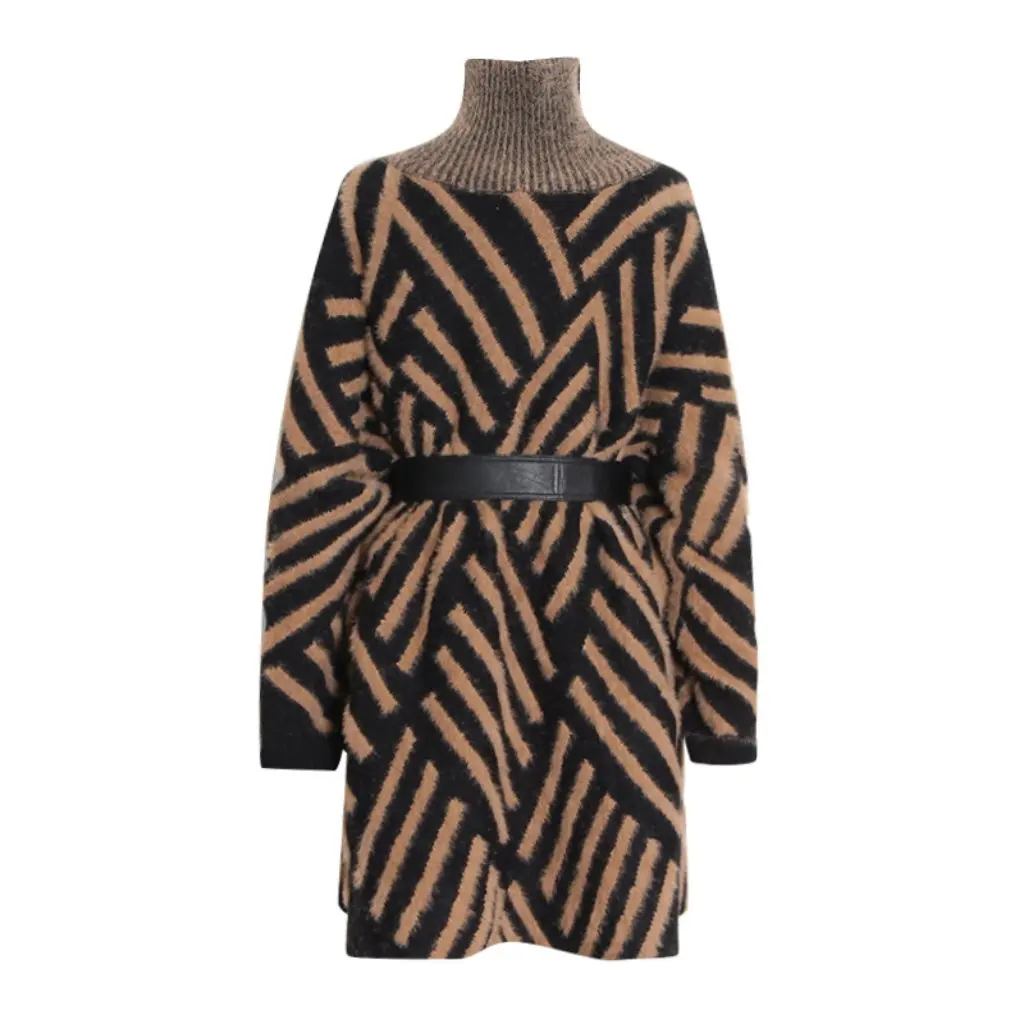 

French-Style Off-Shoulder Mink Fur Knit Top Autumn Winter New Casual Slimming Mid-Length Striped Women's Sweater