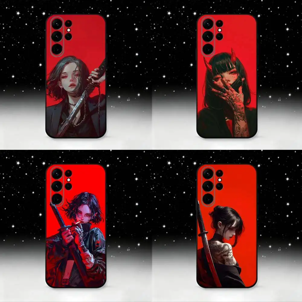 

Japanese Warrior Woman Cool Phone Case For Samsung S25,S24 Ultra,S20,S30 plus,S22 plus,S23,S30 Ultra 5G Silicone Black Shell