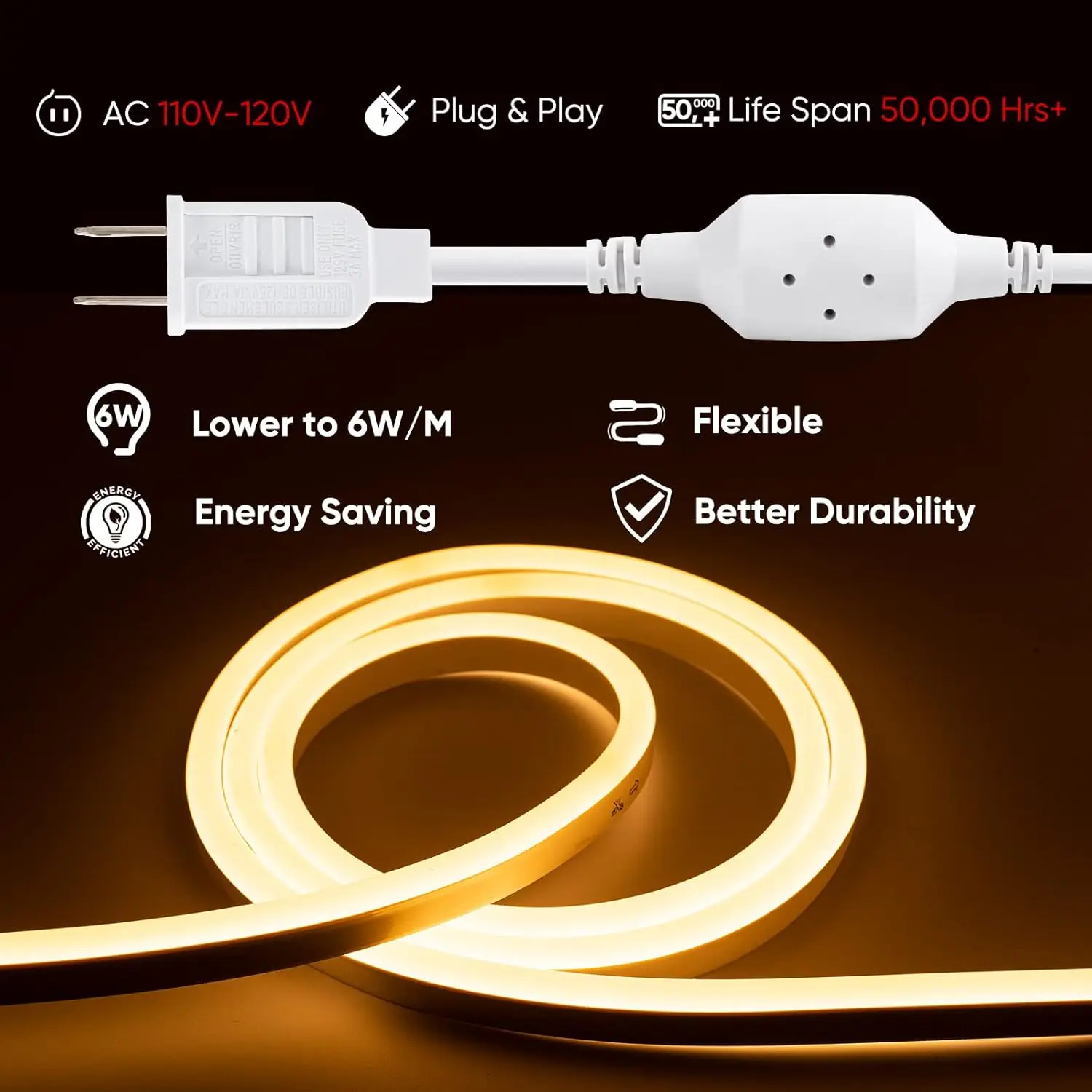 Neon Rope Lights Connectable, 131.2FT Flexible  110V 120V Neon LED Strip Lights(Warm White) Outdoor 40M ETL 120LEDs/M