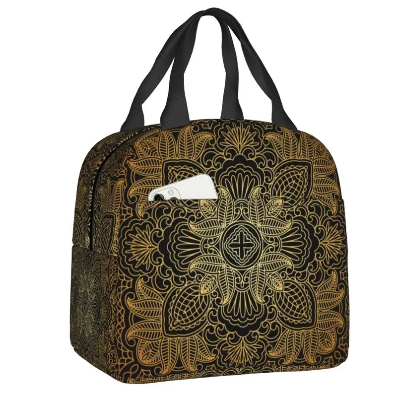 Custom Mandala Gold Paisley Style Lunch Bag Women Vintage Ornate Floral Warm Cooler Insulated Lunch Boxes for Kids School