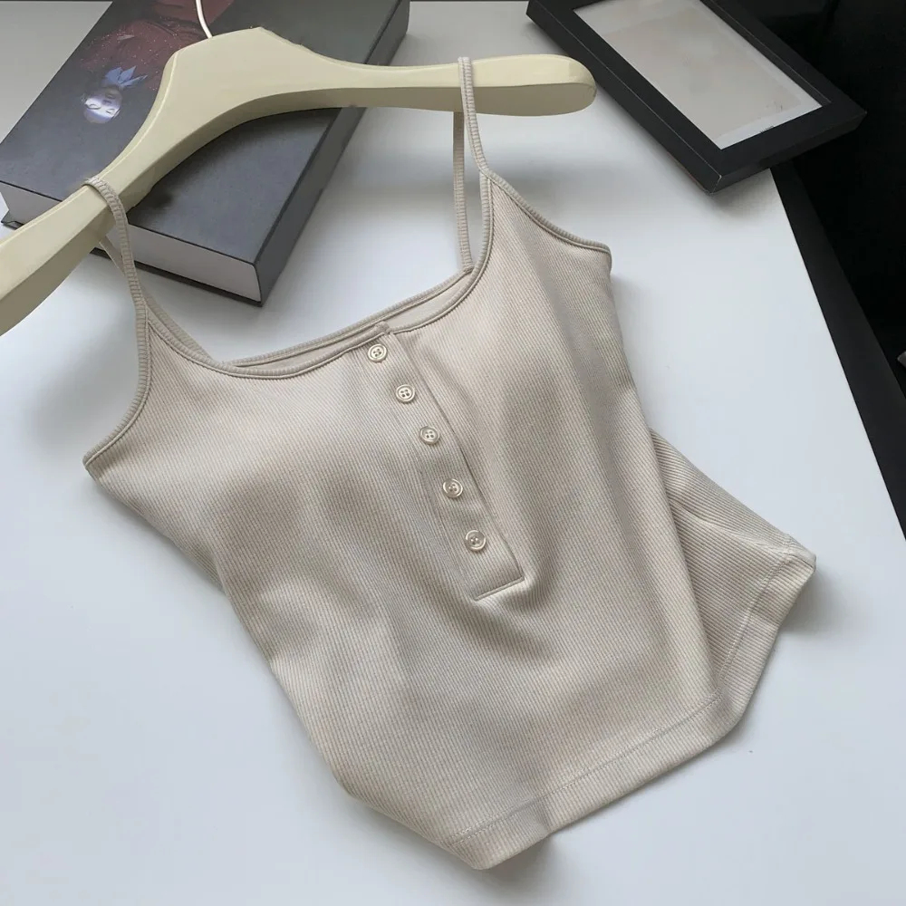 

Sleeveless Skinny Vest Cotton Tops Suspenders Solid Color Slim Crop Top Bottoming Shirts Undershirt Bra with Pads Camisole