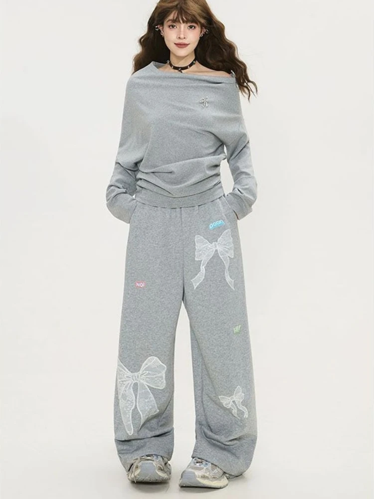 Women Wide Leg Sweatpants Lace Bow Embroidered Loose Casual Joggers Y2k Streetwear Harajuku Baggy Fashion Long Trousers