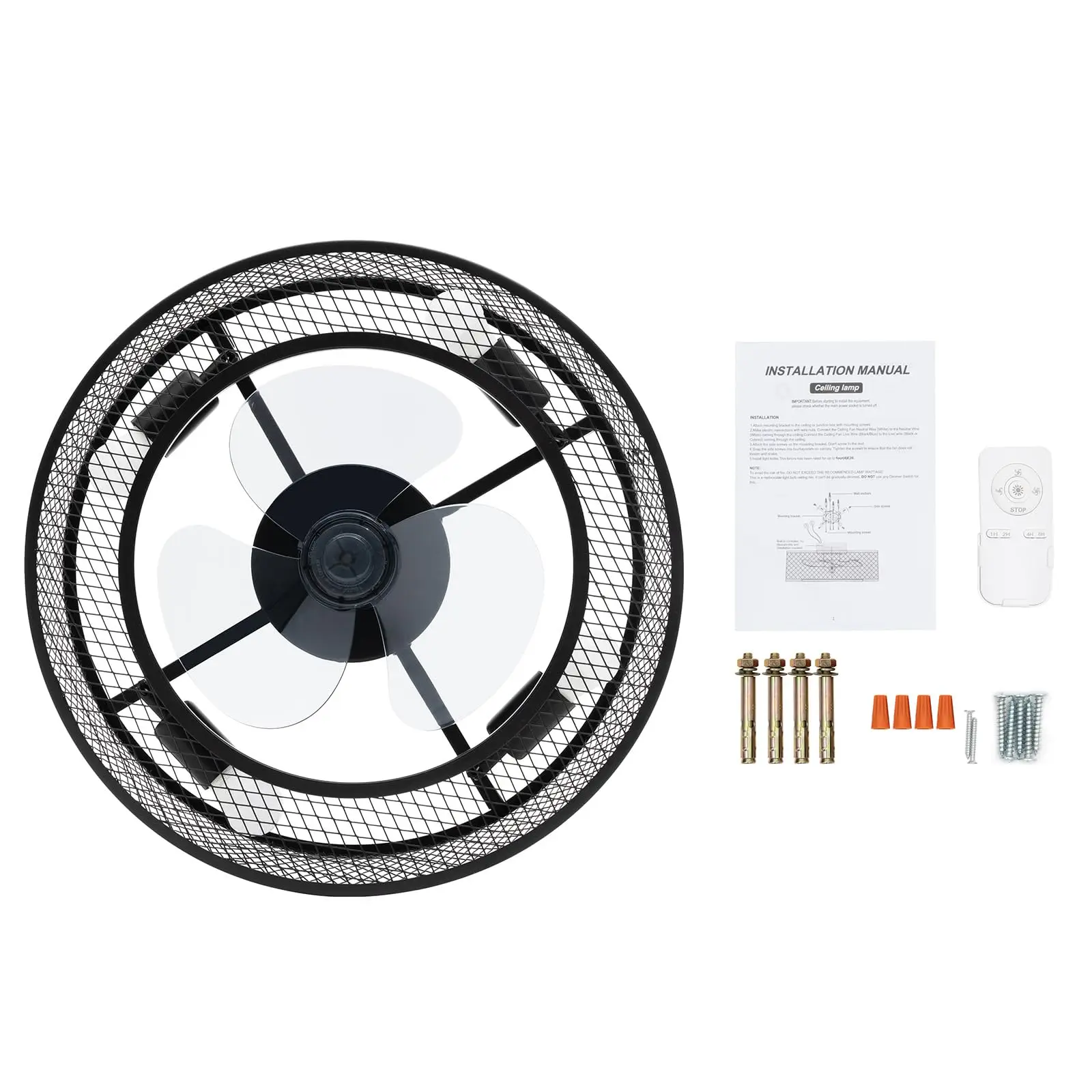18'' Low Profile Caged Ceiling Fan With Lights Remote Control, Enclosed Ceiling Fan Indoor, Flush Mount Modern Industrial Black