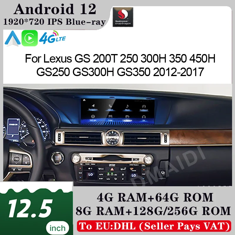 NEW Qualcomm 12.5“ Android 12 Car Radio GPS Navi Multimedia CarPlay Autoradio Stereo For Lexus GS 200 250 300 350 450 2012-2017