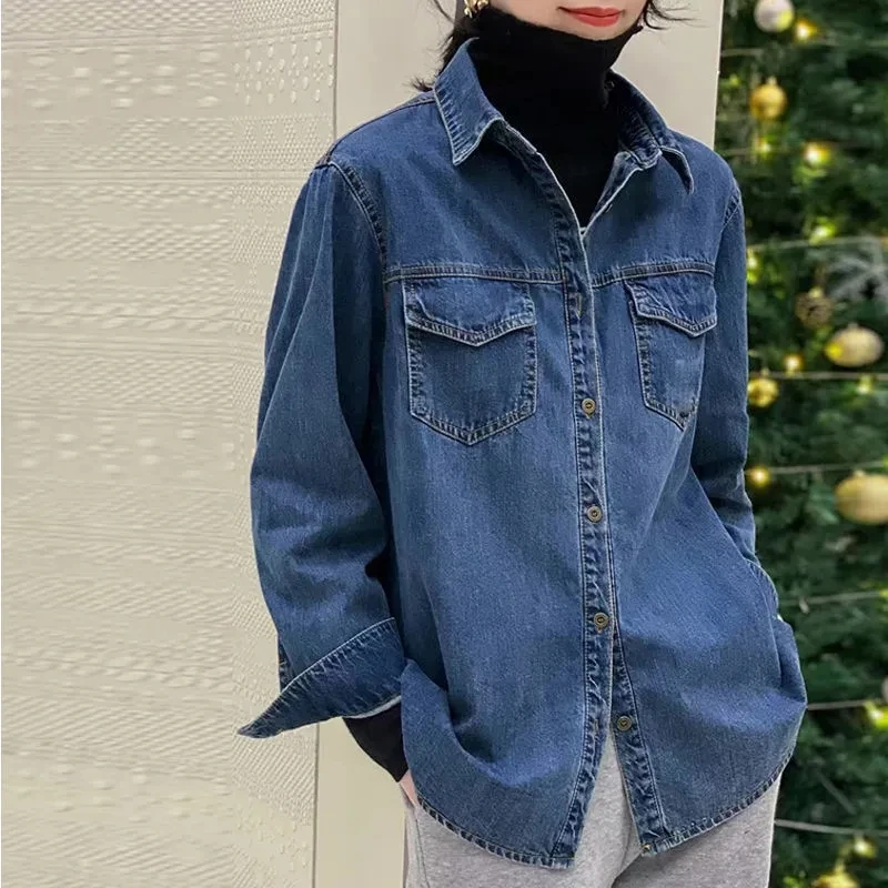 

2023 Spring Autumn Denim Shirt Women Loose Bottoming New Retro Long-Sleeve Shirt Jacket Top Women Short Denim Jacket Female Coat