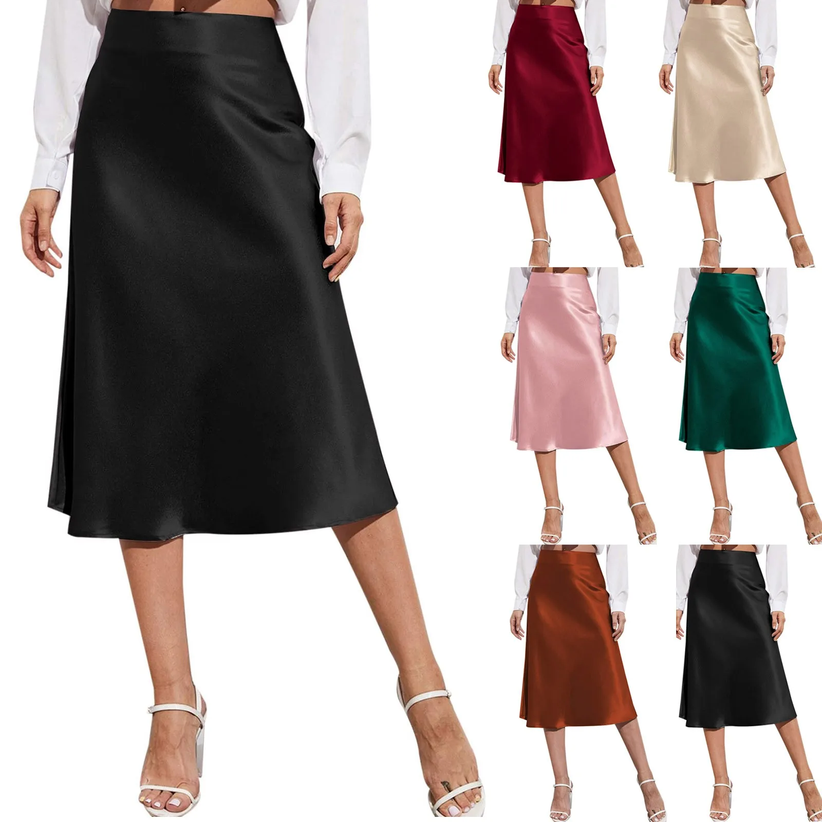 High Waist Elegant Skirt Womens Midi Skirt Satin Silk Solid Dress Zipper Skirts For Summer Business Ladies Formal Skirt Womens