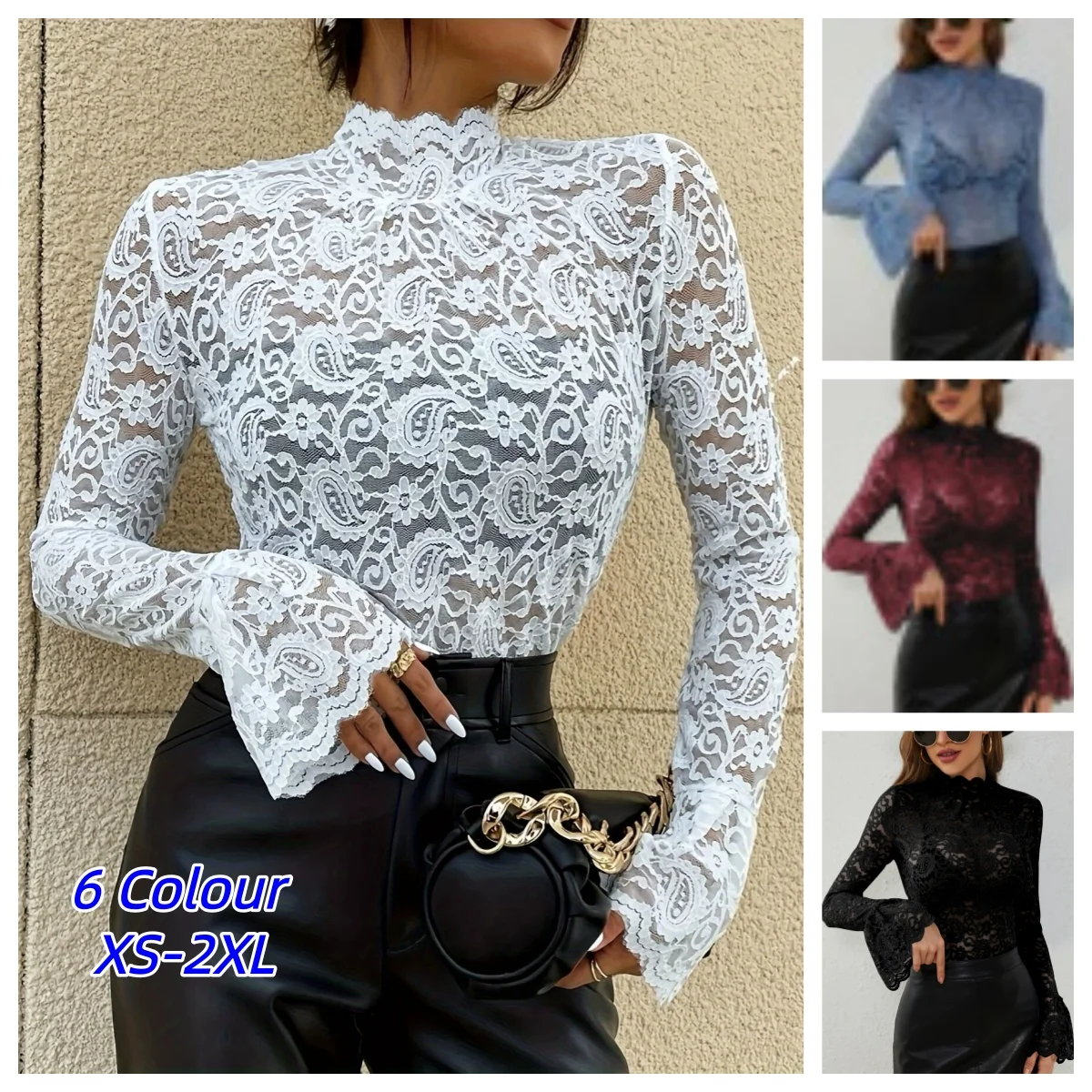 

Women Lace Shirts Turtle Neck Elegant Flare Long Sleeves Hollow Out Slim-fit Crochet Sexy Blouse 2026