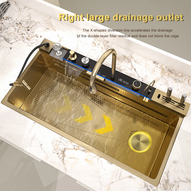 Stainless Steel Golden Kitchen Sink Multifunctional Waterfall Outlet Single Slot Piano Button Digital Display