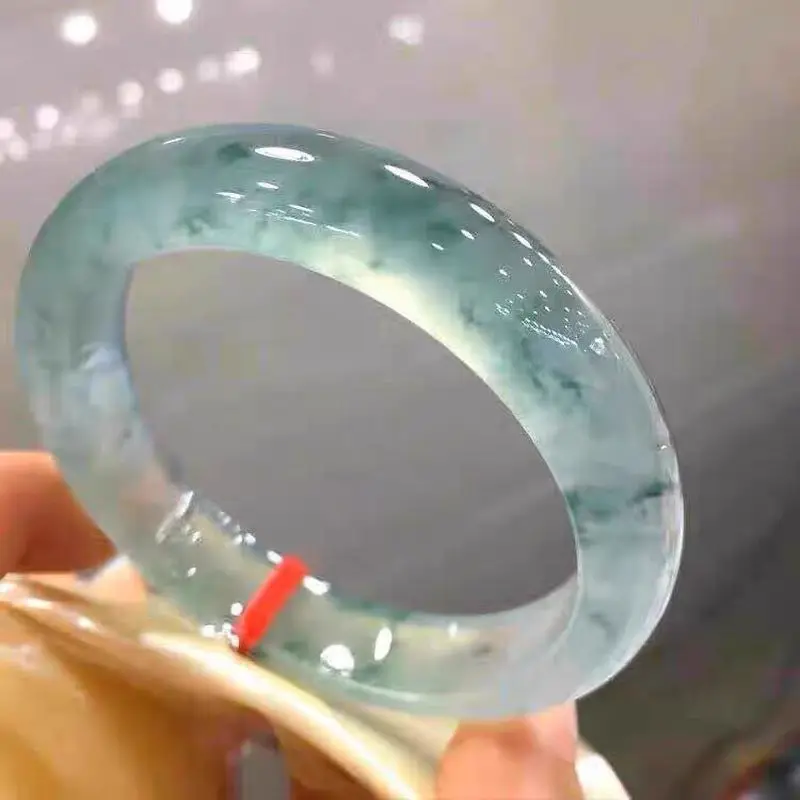 Myanmar Old Mine Ice Jadeite with Flower Pattern, Round Wide Bangle, Clear Water Women's Style, Noble Lady Green Jade Ban