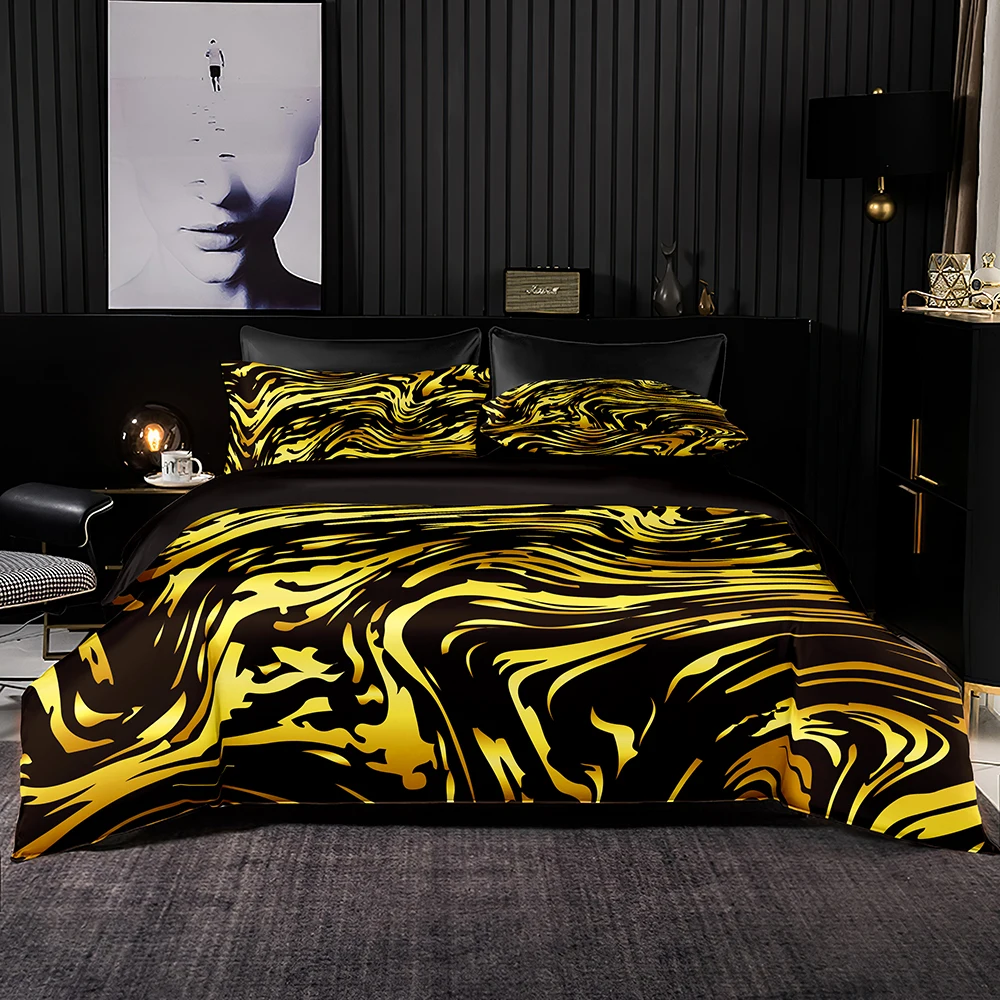 

Gold Abstract Pattern Duvet Cover 220x240,Single/Double Quilt Cover with Pillowcase,Black Faux Satin Bedding Set Twin/Queen/king