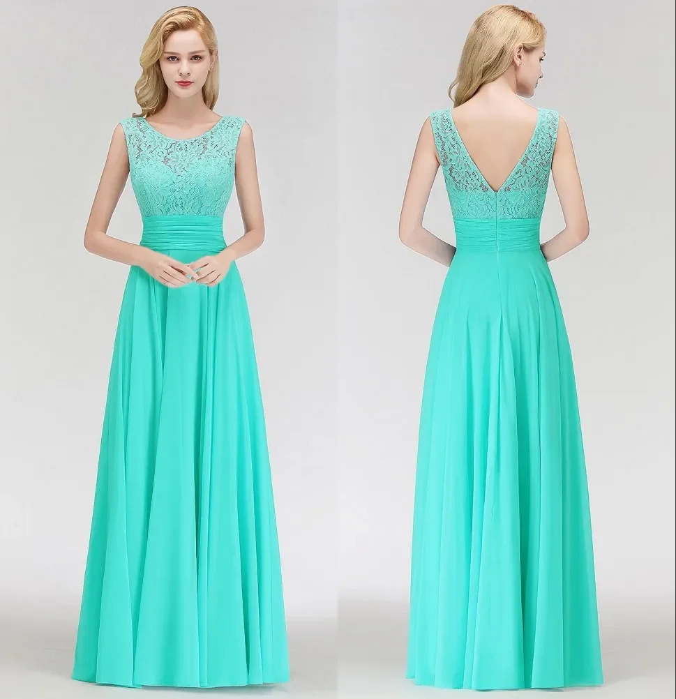 Hunter Chiffon Country Long Bridesmaid Dresses Crew Neck Lace Top Backless Floor Length Wedding Guest Maid Of Honor Dresses