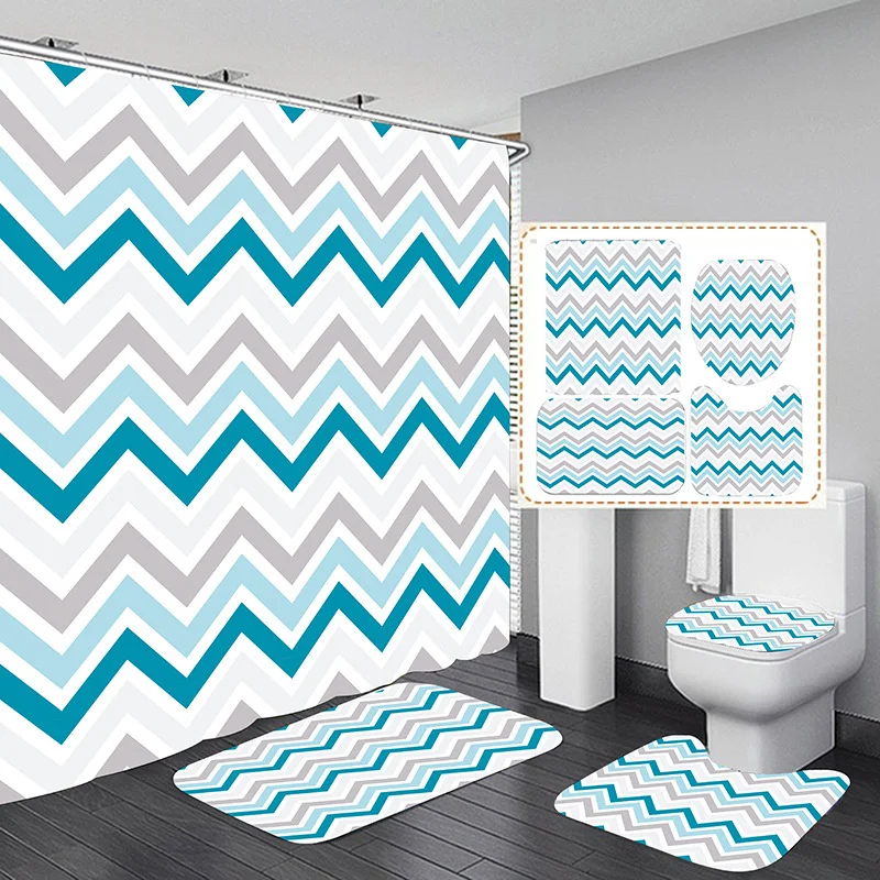 Custom 4 Pcs Shower Curtain Wave Digital Print Bathroom Curtains Sets