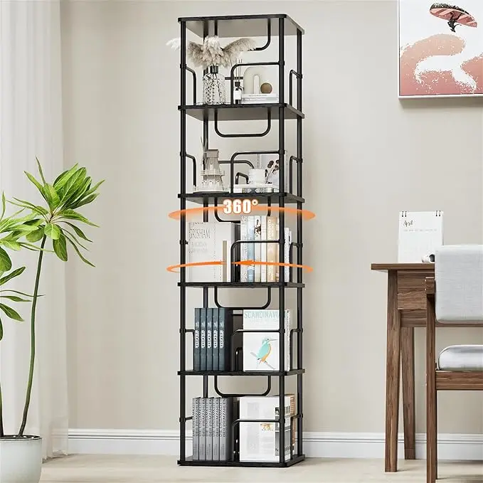 

5 Tier Rotating Bookshelf, 360 ° Display Stackable Spinning Bookshelf Tower, Narrow Space Saving Tall Floor Standing Swivel