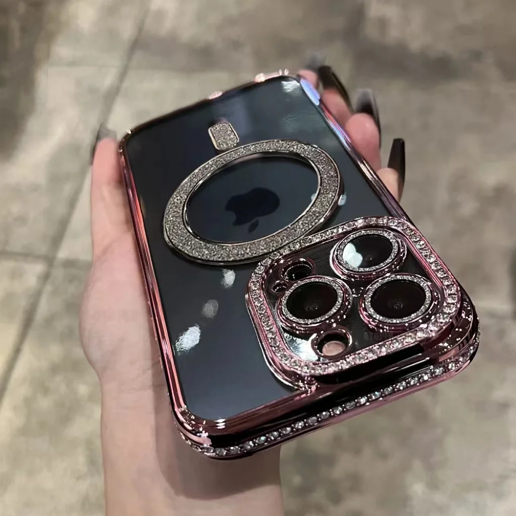 

Fashion Glitter Diamond Clear Phone Case For iPhone 13 14 15 12 11 Pro Max 15 14 Plus Magnetic For Magsafe Wireless Charge Cover