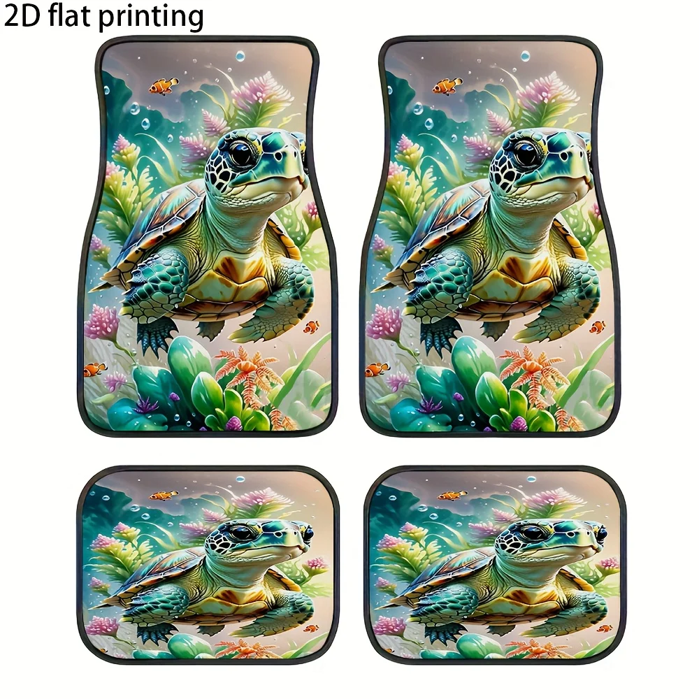 4pcs Car Floor Mats, Sea Turtle And Coral Reef Cartoon Pattern, Universal Car Mats, Material, Wear-Resistant, Car Decorative Acc