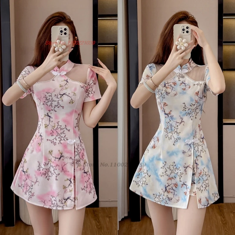 

2026 китайское сексуальное клубное платье, традиционное платье-ципао с цветочным принтом + комплект с шортами, ретро-платье для отеля/спа, рабочая униформа, униформа для салонов красоты