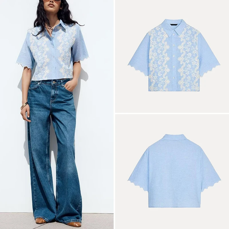 قميص قصير عصري مطرز للنساء صيف 2025 وصول جديد من ألياف البوليستر بأكمام عادية الطول #2