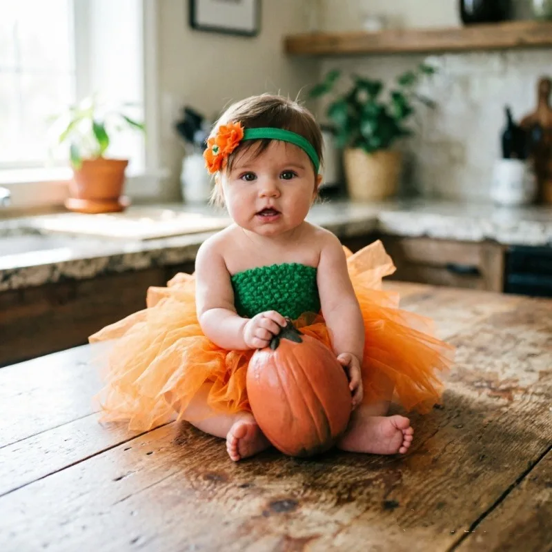 Children's Orange Green Tutu Dress Set - Baby Princess Dress with Headpiece Ideal for Halloween & New Summer Ballet Outfits