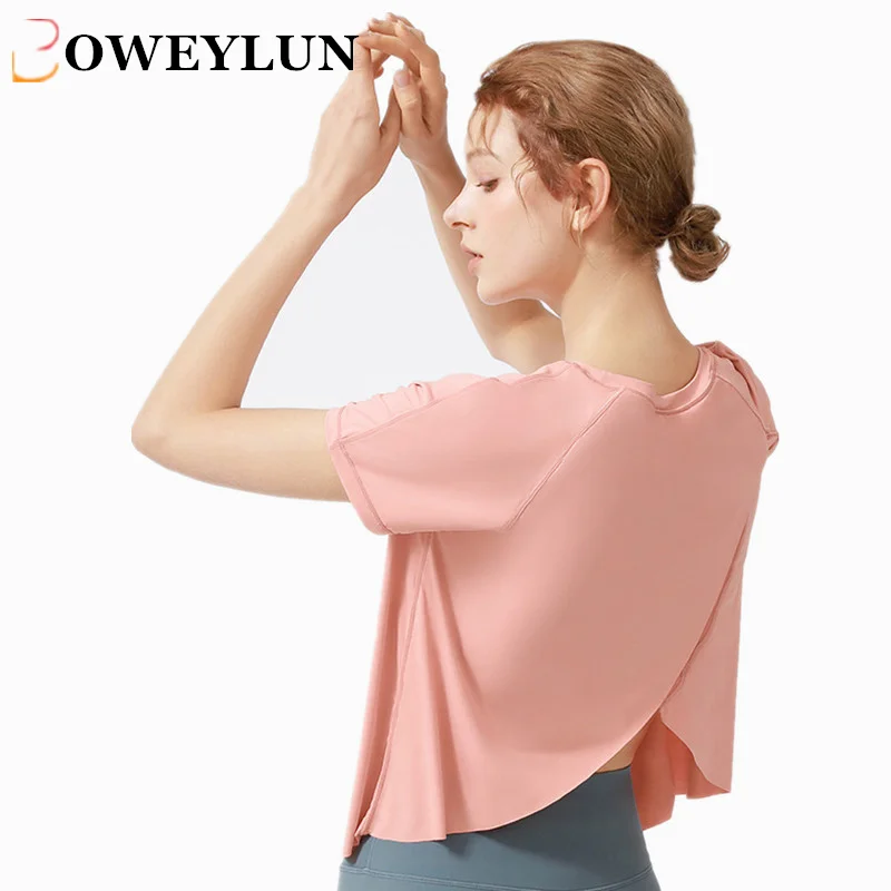 BOWEYLUN New Ice Silk Yoga Clothes Sports Tops Women Summer Open Back Quick Dry Running Fitness Short Sleeve T-shirt Female