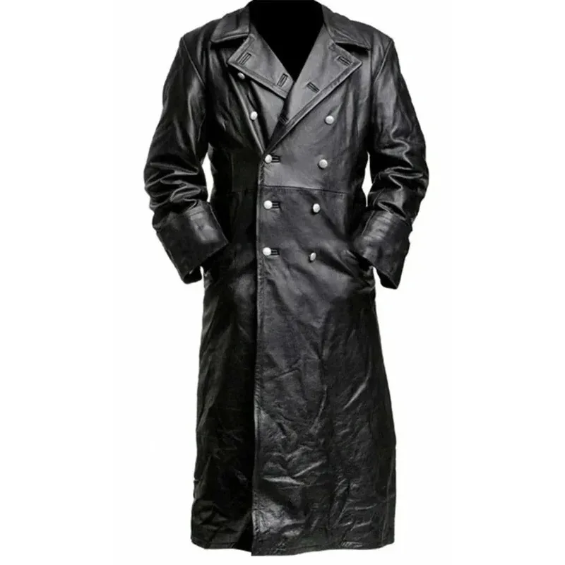 CyMEN'S GERMAN CLASSIC WW2 MILITARY UNIFORM OFFICER BLACK REAL LEATHER TRENCH COAT M17 view 3