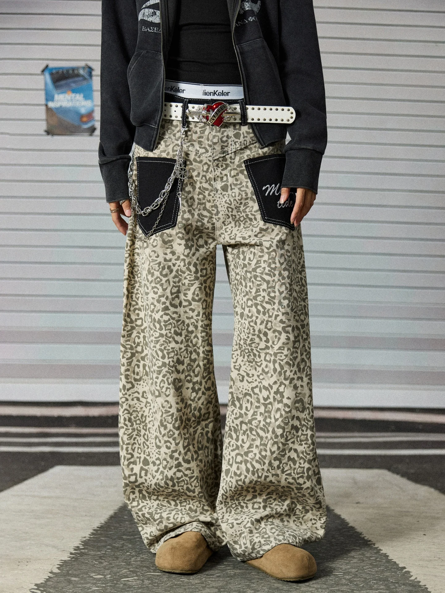 American Street Style Leopard Print Knife  Workwear Pants Men's Color Block Patch Pocket Lightweight Loose Slim Wide Leg ...