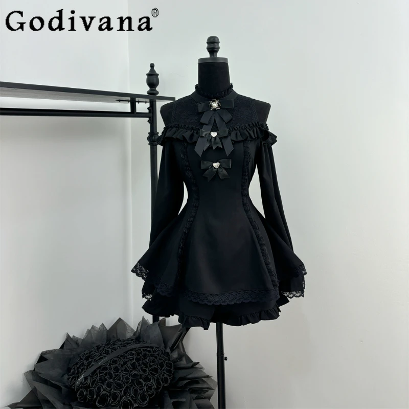 Japanese Mine Series Mass-produced Black Dress Set Women's Bow Lace Off-Shoulder Long-sleeved Dress and Shorts 2 Piece Sets