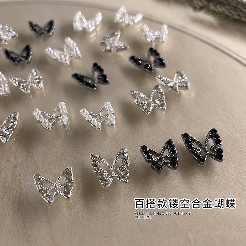 10Pcs New nail alloy jewelry with hollowed out metal butterfly, three-dimensional diamond inlaid pearl jewelry design, nailcharm