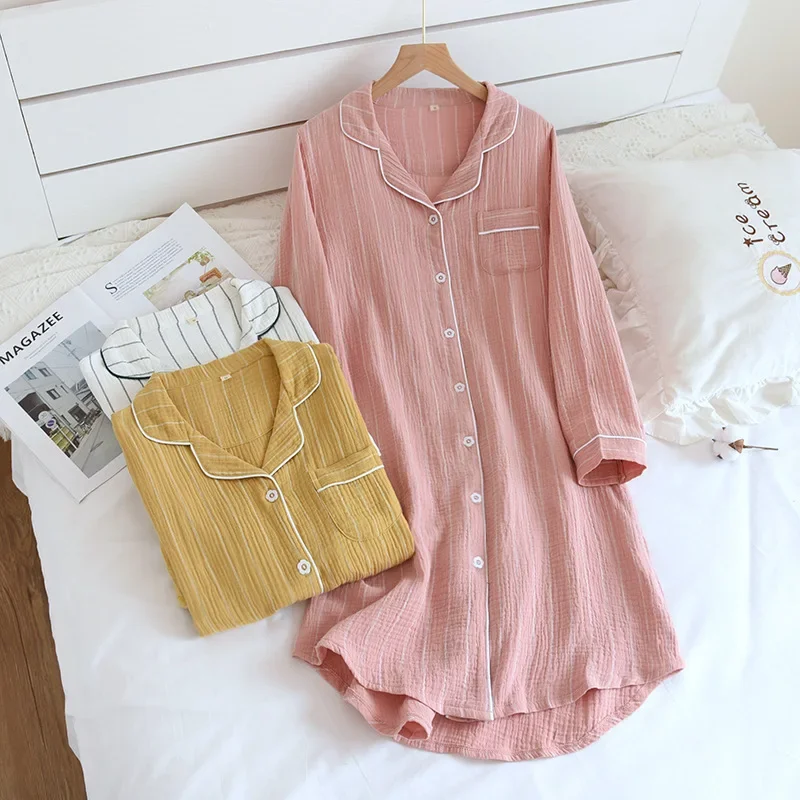 Casual Long-sleeved Women's Nightgown Plus Size Cotton Mid-length Striped Night Dress Button Sleepwear Women Home Nightdress