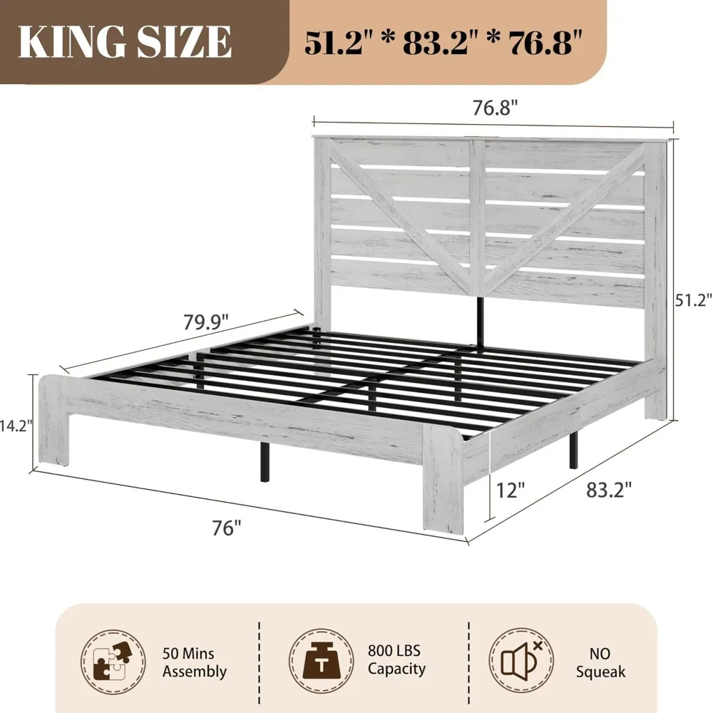 إطار سرير بحجم كينج مع لوح رأسي - منصة على طراز المزرعة مع أضواء LED وشحن USB بدون صندوق زنبركي سهل التجميع WhiteFram #2