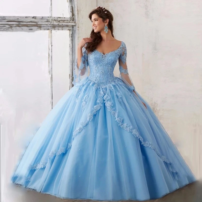 

Flare Long Sleeve Light Sky Blue Quinceanera Dresses 2021 Scoop Neck Lace Appliques Sequins Party Princess Sweet 15 Ball Gown