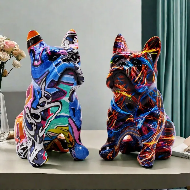 

Creative Kawaii Graffiti French Bulldog Statue Mini Cartoon Colorful Dog Statue Handmade Wave Comic Bulldog Statue Garden