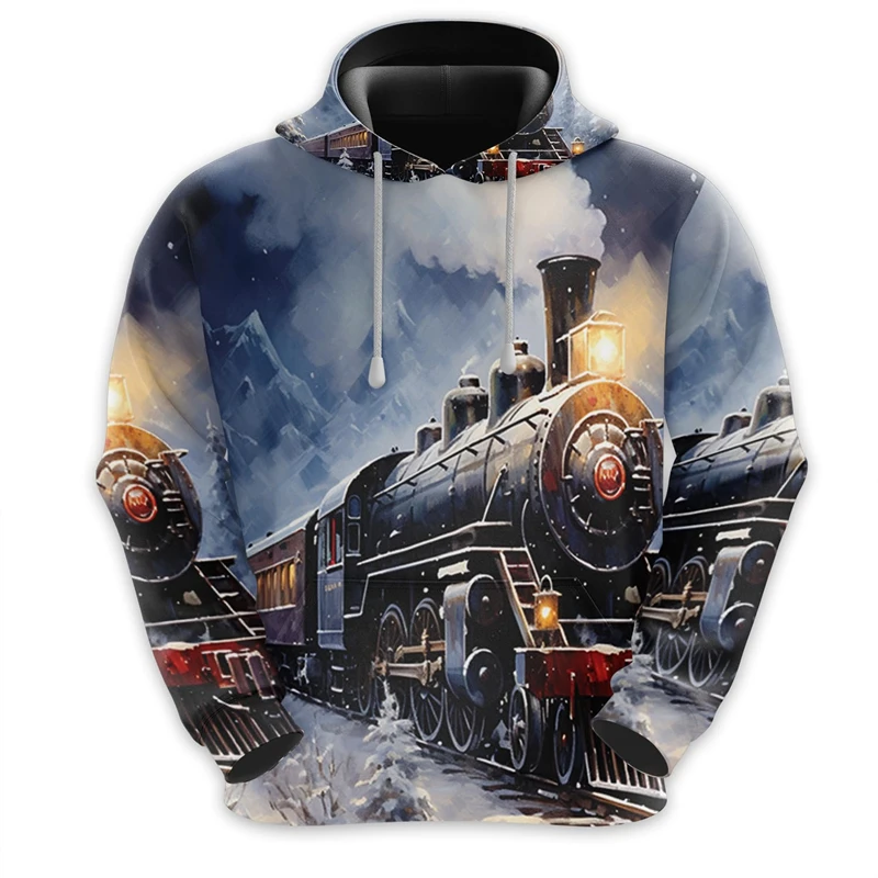 Vintage Steam Train Pattern Hoodies Fashion Autumn Long Sleeve Mens 3D Printed Hooded Sweatshirt Loose Streetwear Kids Pullover