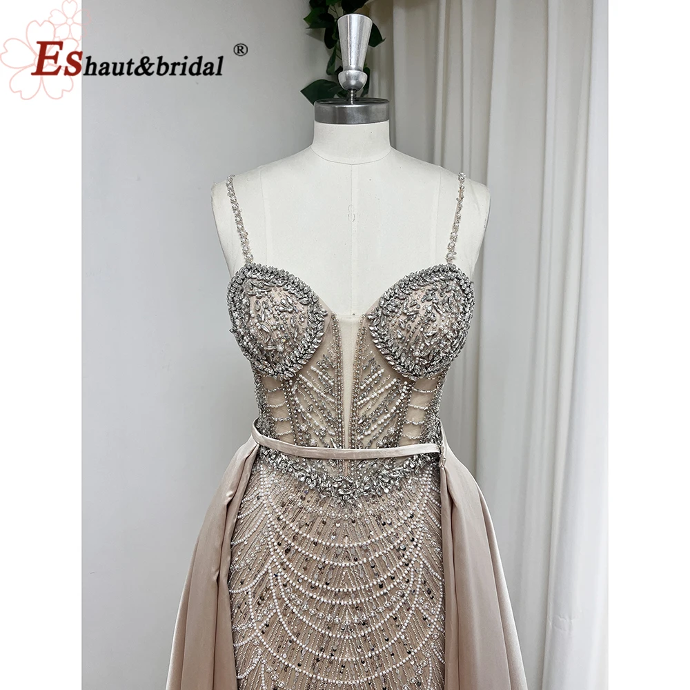 

Elegant Mermaid Evening Dress with Detachable Train 2025 Beaded Pearls Long Formal Prom Wedding Party Gown for Women Customized