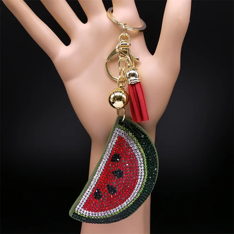 Kawaii Watermelon Full Crystal Key Chain Women Men Alloy Leather Gold Color Fruit Keyring Bag Car Accessories Jewelry K5100S05