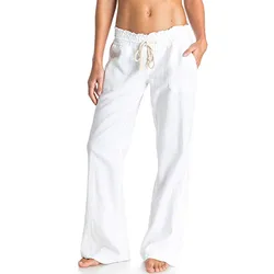 Women's Pants High Waist Wide Leg Pants Soft Breathable Cotton and Hemp Oceanside Drawstring Lounge Beach Trousers with Pockets